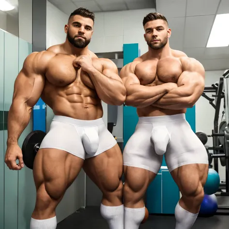 gym lockerroom, full bodies view , 2 different white european massive cute over-bodybuilded hairy males with clean shaved undercut haircuts, with totally over-bloated shoulders, pecs, biceps and abs, 976 kg of swollen roided muscles, flexing huge triple-bi...