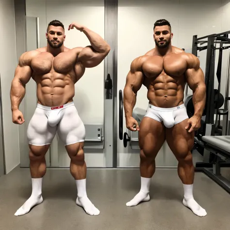 gym lockerroom, full bodies view , 2 different white european massive cute over-bodybuilded hairy males with clean shaved undercut haircuts, with totally over-bloated shoulders, pecs, biceps and abs, 976 kg of swollen roided muscles, flexing huge triple-bi...