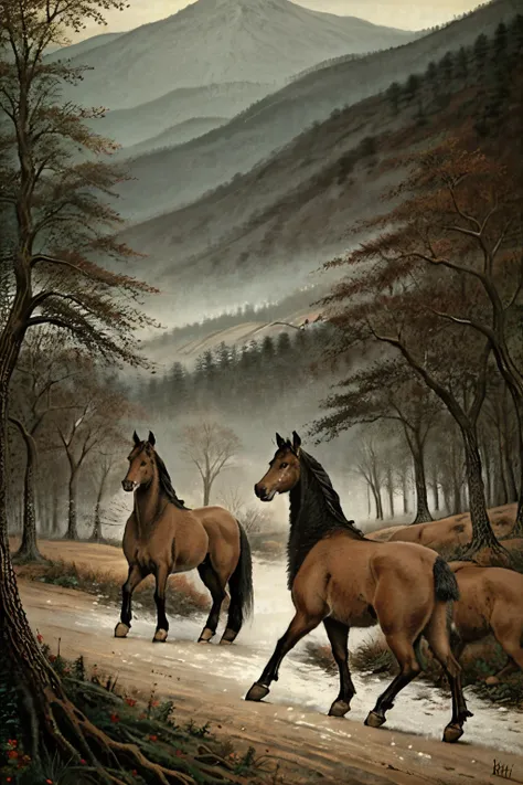 brown horse and 7 wolf ,forest,classic art
