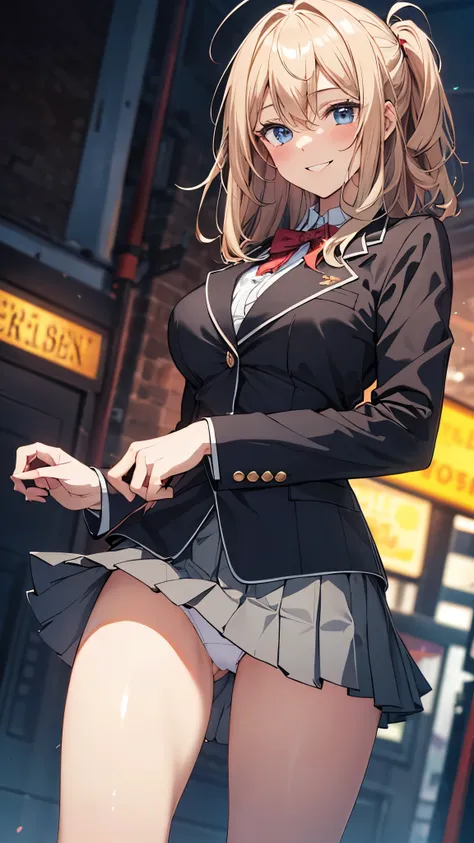 1girl,solo,Olivia, blonde hair, blue eyes, medium hair,large breasts, blush, smile,school blazer,mini skirt,thighs,white panty, masterpiece,Noise Reduction,perfect anatomy,high resolution, ultra-detailed, ultra-detailed face,game cg,dutch angle ,beautiful ...