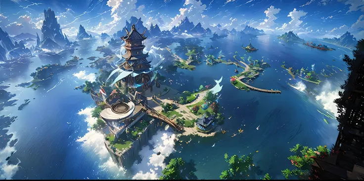 there is a chinese-style building in the middle of a small island, game concept art, final fantasy vll world concept, 2. 5d cgi ...