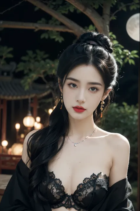 (((best quality))),(((ultra detailed))),(((masterpiece))),illustration,((1 beautiful girl,solo)),(bun hair:1.2),(Ghostly makeup:1.3),(fair skin:1.5),(red lips:1.2),((earrings,necklace)),((slim,thin)),((small breasts,flat chest)),(strapless black floral emb...