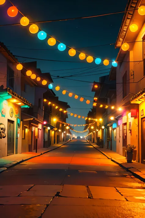 Mexican Skulls, Mexico, festival of the dead, orange and yellow, empty streets decorated with landscape lights