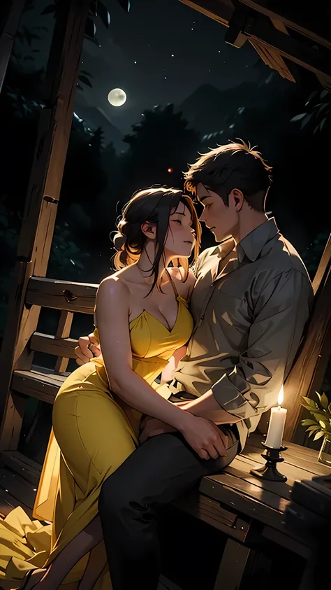 A couple in love entwines their passion within a treehouse deep in the forest. The young woman wears a stunning, short yellow dress that accentuates her curvaceous figure. The moonlit night enhances the romantic setting. This vividly painted scene captures...