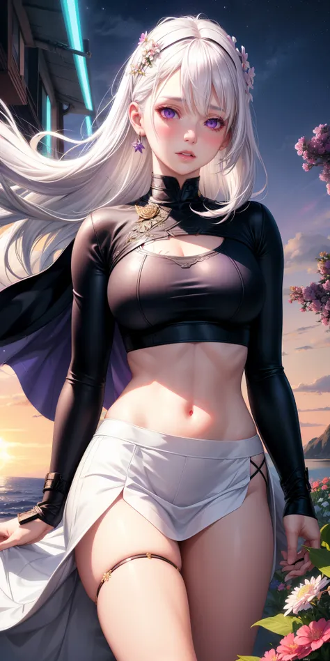 realistic, 1girl, white hair, purple eyes, glowing eyes, crop top, skirt, parted lips, blush, night, flowers, sun, sunlight,