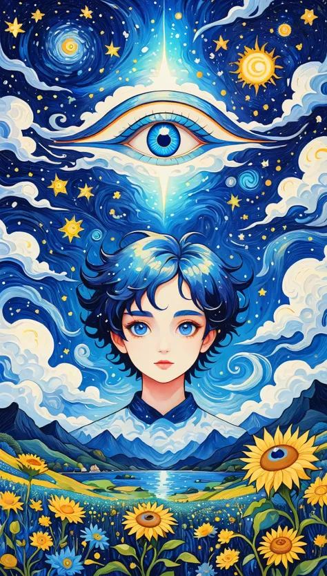 psychedelic art。plant、marine life、(((charming eyes，the third eye)))、cloud、starry sky，galaxy、planet、stitching together an abstrac...