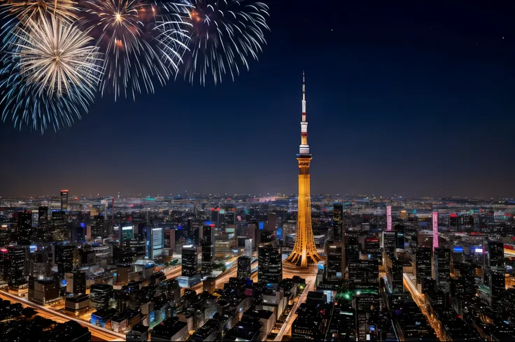 Beautiful night view of Tokyo、The single, well-maintained Tokyo Skytree towers in the center、The glitter of densely packed buildings and apartment buildings,Golden fireworks in the sky