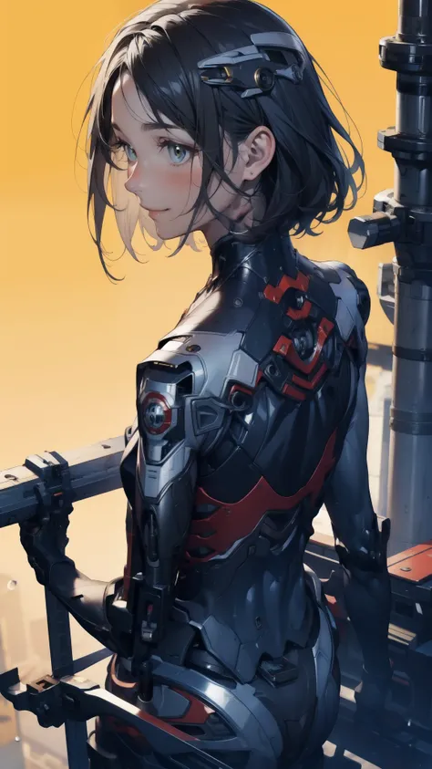 scenery、rain、1 girl、solo、Moderate bust、Upper Body、Face close-up、smile、ruanyi0152、(Yellow background)、ruanyi0238、Blue glowing parts、cable、Machinery Parts、Long black hair、short hair、whole body、Highest quality、masterpiece、High resolution、Dynamic pose、Model st...