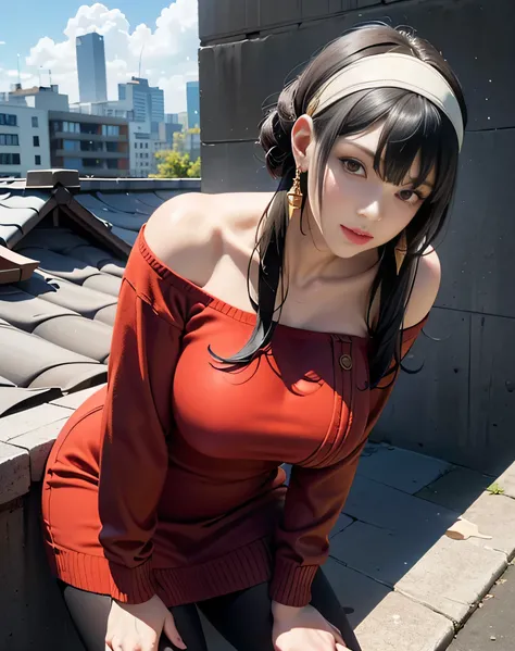 (High resolution:1.6),(1 girl:1.5),(solo, one woman:1.5),(Side angle photo),(Showing face:1.4),(Beautiful face woman:1.2),(cool beauty:1.5),(Plump lips),chuuChloe,(Rooftop overlooking the skyscrapers:1.2),(Saggy large Breasts:1.7),(Leaning forward:1.3),(fl...