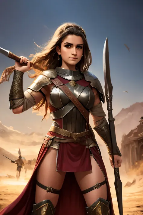 best quality), detailed background, occidental nobless,warrior girl,combat arts,holding halberd, army