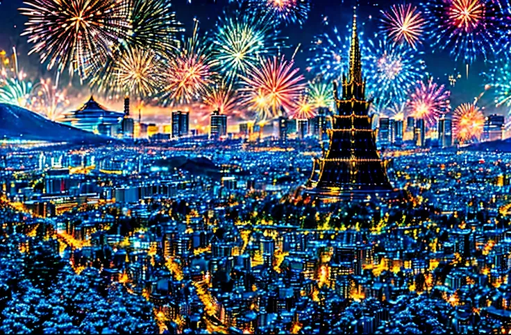Beautiful night view of central Tokyo、Fireworks filling the sky、Starry Sky、Rows of urban buildings、The well-maintained Tokyo Skytree stands in the center、Highest quality