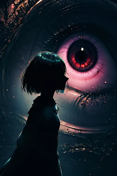 there is a woman, who looks with her eyes at a painting of a monster, creepy art style, i see you, eyeless observer, loish |, su...