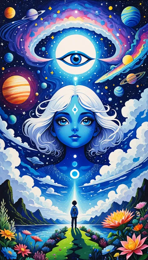Psychedelic Art。plant、Marine Life、(((Charming eyes,The Third Eye)))、cloud、Starry Sky,Galaxy、Planet、Stitching together an abstract painting,Describing the inner world of autistic people,Sense of space,Blank,White space,Pointillism method,Childish lines,Klei...