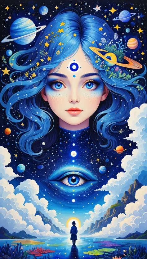 Psychedelic Art。plant、Marine Life、(((Charming eyes,The Third Eye)))、cloud、Starry Sky,Galaxy、Planet、Stitching together an abstract painting,Describing the inner world of autistic people,Sense of space,Blank,White space,Pointillism method,Childish lines,Klei...