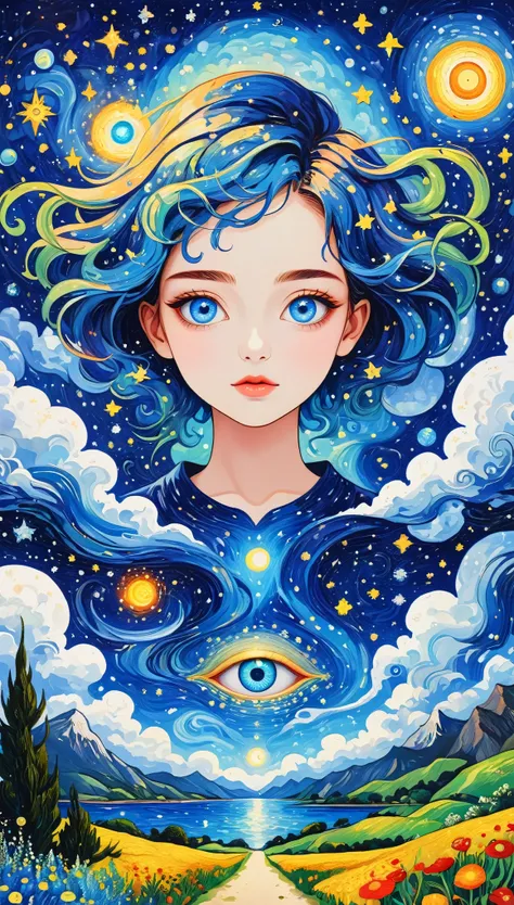 Picture in the picture:Psychedelic Art。plant、Marine Life、(((Charming eyes,The Third Eye)))、cloud、Starry Sky,Galaxy、Planet、Stitching together an abstract painting,Describing the inner world of autistic people,Sense of space,Blank,White space,Pointillism met...