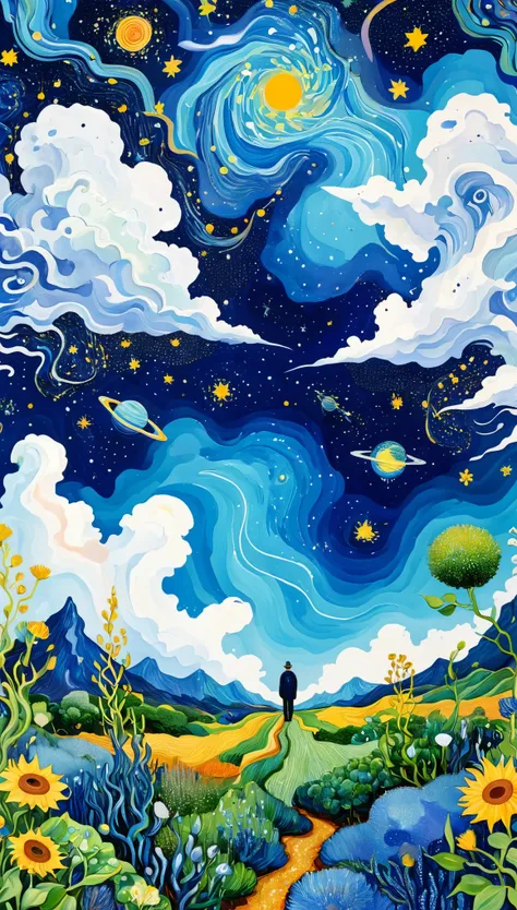 Psychedelic Art。plant、Marine Life、(((Charming eyes)))、cloud、Starry Sky,Galaxy、Planet、Abstract painting of joints,Describing the inner world of autistic people,Sense of space,Blank,White space,Pointillism method,Childish lines,Klein Blue,Van Gogh art