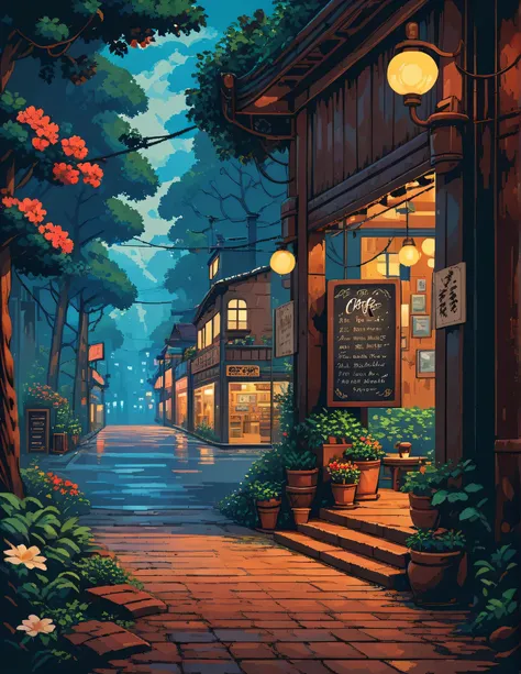 super wide perspective, string lights, hanging pots, ghibli anime scene, coffee shop in the woods, moody weather, leaves falling from tree, light bubble around street light, under a big banyan tree, street light, poles and wires, tropical leafy plant pots,...