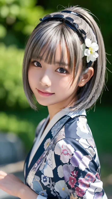 ((masterpiece, Highest quality, High resolution)), 1 Japanese girl, (Realistic: 1.4), excited、Great face,Glossy lips、15 years old, Silver Hair、Silver Hair、short hair, Silver Hair、(Beautiful Hair:1.5), Japanese patterned yukata、Floral scrunchies、Japanese ga...