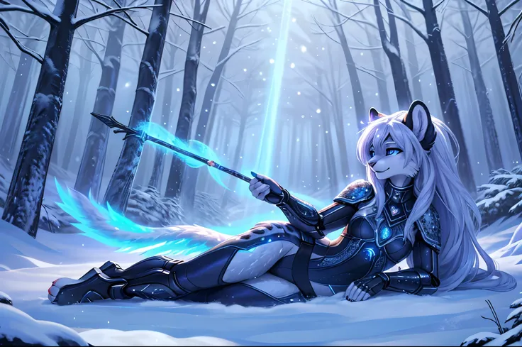 A meticulously detailed, high-definition digital painting of an anthropomorphic snow leopard character standing confidently in an enchanted winter forest. The snow leopard has luxurious, long, flowing silver fur with subtle streaks of icy blue, giving her ...