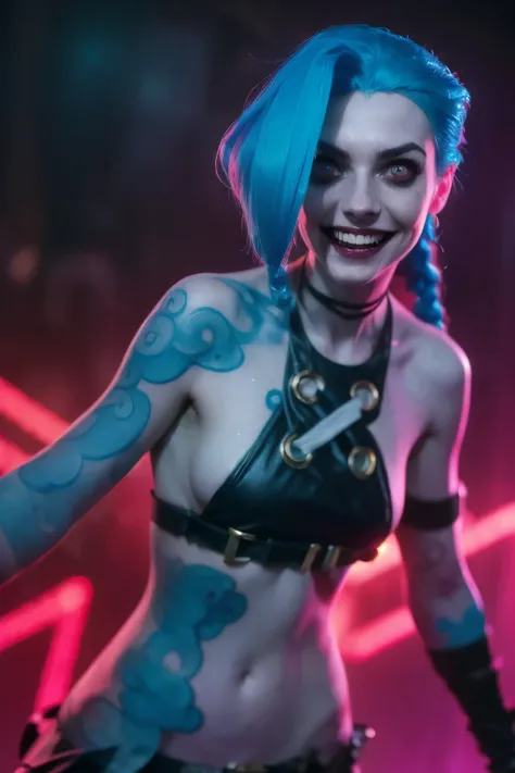 Hyper realistic super detailed Jinx cosplay ,(( Young girl, 15 years old)) , Very detailed, (hyper realistic: 1.4), ((in dynamic fight pose)) , attack, ((angry face)) , twin braids, long hair, blue hair, red eyes, (((blue tattoo on arm))) , ((skinny body))...