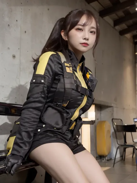 (Very realistic), (Highest quality), ((round, small and precise face)), Glowing Skin, Shiny skin,Wide Hips,Waist,Healthy body,Yokozaki beauty々,black gloves,watch,Iris,short Shorts,black Shorts, Short boots, gloves,Jacket,Shorts, Black Hair,Short Hair,Big B...