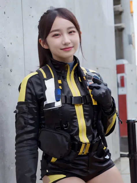 (Very realistic), (Highest quality), ((round, small and precise face)), Glowing Skin, Shiny skin,Wide Hips,Waist,Healthy body,Yokozaki beauty々,black gloves,watch,Iris,short Shorts,black Shorts, Short boots, gloves,Jacket,Shorts, Black Hair,Short Hair,Big B...