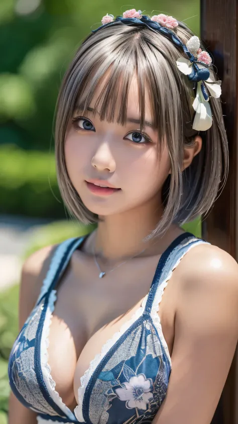 ((masterpiece, Highest quality, High resolution)), 1 Japanese girl, (Realistic: 1.4), excited、Great face,Glossy lips、15 years old, Silver Hair、Silver Hair、short hair, Silver Hair、(Beautiful Hair:1.5), Light Japanese pattern yukata、Japanese-style hairpin、La...