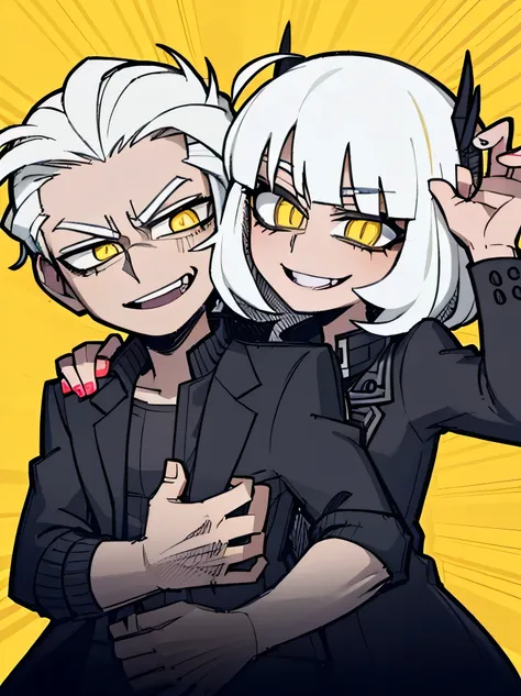 boy, ((( evil smile))) happy facial expression ((( Black jacke))), ((( short branco))), ((( White hair))), (((yellow  eyes))) psychopath, a girl hugging him, ((( girl smiling))) sweet, glad, fly away