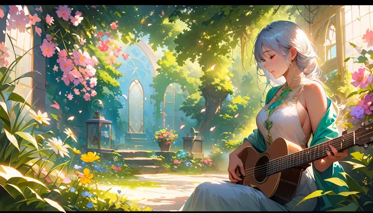 (Highest quality,4K,8k,High resolution,masterpiece:1.2),Very detailed,Realistic,Transparent guitar sculpture,A clear spring morning,Sunlight reflecting off a guitar,Body Details,Delicate strings,Vibrant color palette,Sculpting Tools,Hourglass Shape,Sound h...