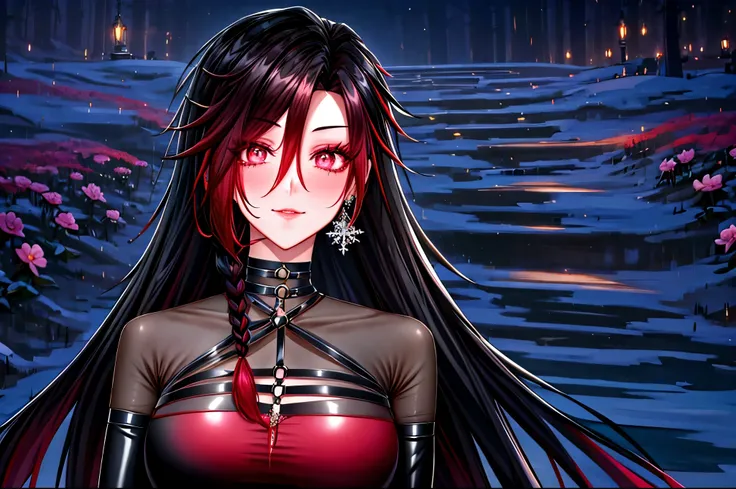 shoujo style, frosty style, (romantic manhwa), 1 girl, black cyclamen hair, solo, long braided hair, long braid, dress, red cycl...