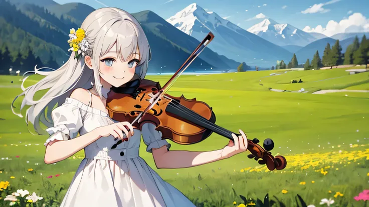 Cute 1 girl, Violin playing, smile, slim, dress, Outdoor, Originally, Mountain々,  grassland, Flowers, null, Floating Hair