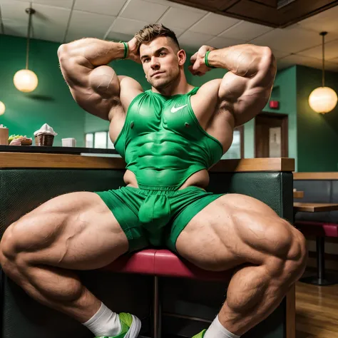 A white bodybuilder male eating protein powder is wearing a tight lycra dark-green shirt and dark-green lycra shorts, green lycra socks and white trainers flexing his over-Muscular arms up in a bicep pose..he has enormous swollen pumped muscles and huge ca...