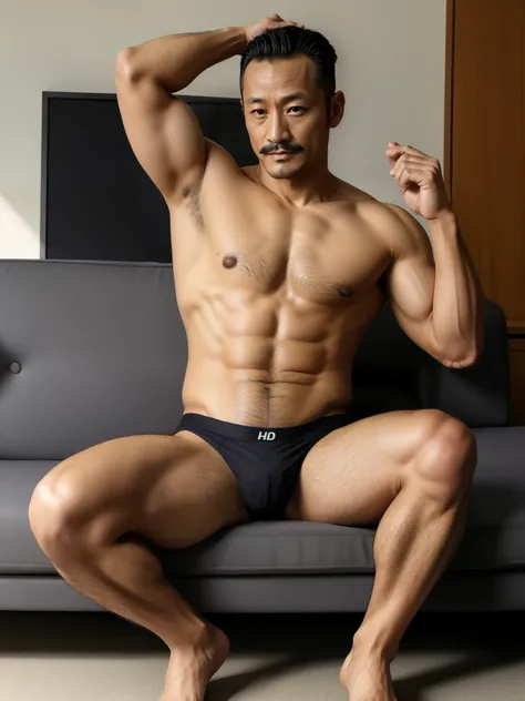 40 years old，Hidetoshi Nakata，（Kogoro Mori 1.3），whole body，Lean，muscle，office，Black socks，Feet raised，surrender，sofa，Baldhead ，transparent，Thick body hair，underwear，Topless，Densely hairy，Fortitude，HD，With a mustache