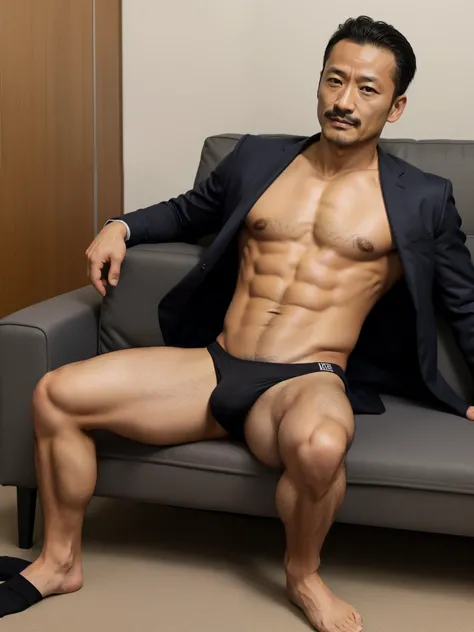 40 years old，Hidetoshi Nakata，（Kogoro Mori 1.3），whole body，Lean，muscle，office，Black socks，Feet raised，surrender，sofa，Baldhead ，transparent，Thick body hair，underwear，Topless，Densely hairy，Fortitude，HD，With a mustache