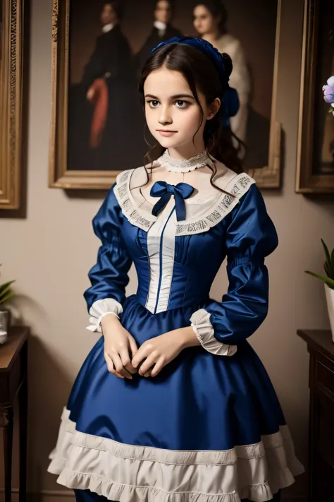 there is a young girl in a blue and white dress holding a purse, victorian style costume, victorian blue dress, victorian dress, dress in the style of rococo, historical baroque dress, victorian inspired clothing, rococo dress, wearing 1860s era clothes, w...