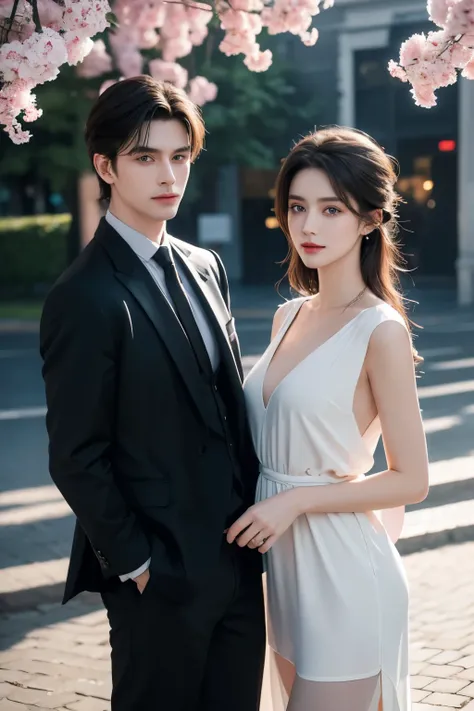 Modern. Russian coupe. A man (mature) and beautiful girl . elegant couple. Casual wear. Dark hair color. Very deatiled face. pretty eyes (perfect eyes). 8K resolution. Masterpiece, love, glowing light. Look at the viewer. white petals. Bright color.