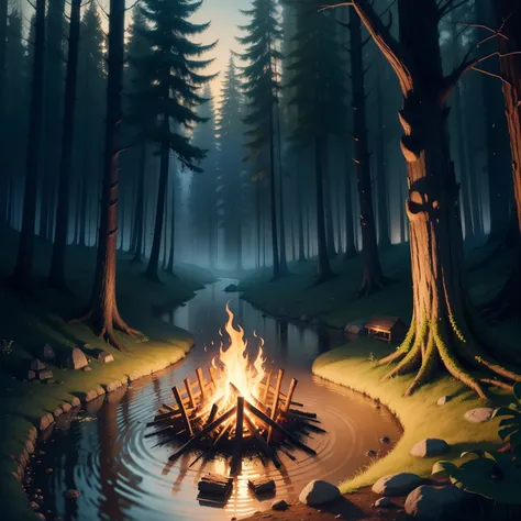 enchanted forest, with bonfire and a small river