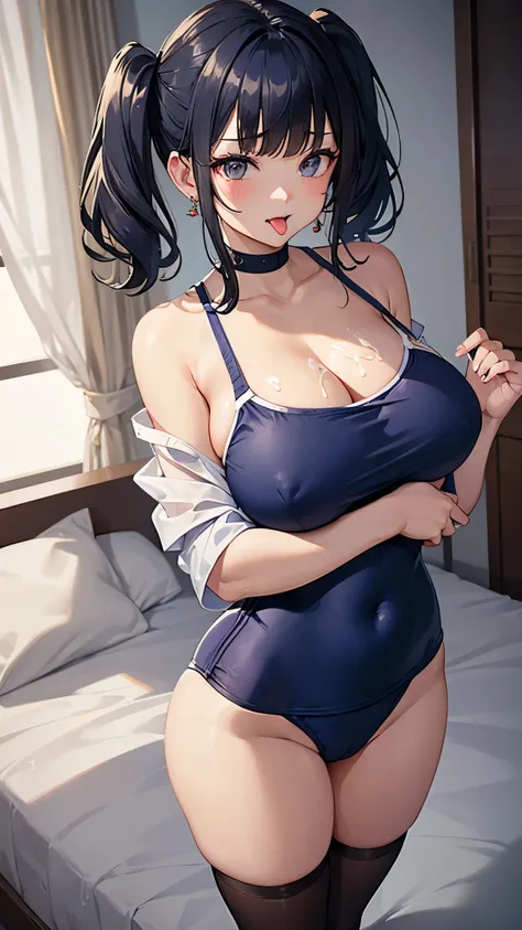 (masterpiece、Highest quality、Very detailed))、One Girl、Black Hair、short hair、Twin tails、Blunt bangs、Wavy Hair、Grey Eyes、((Open your mouth))、((Cum on tongue))、((Lots of earrings))、((Very large breasts))、((navy blue school swimsuit))、Cleavage、Off the shoulder...