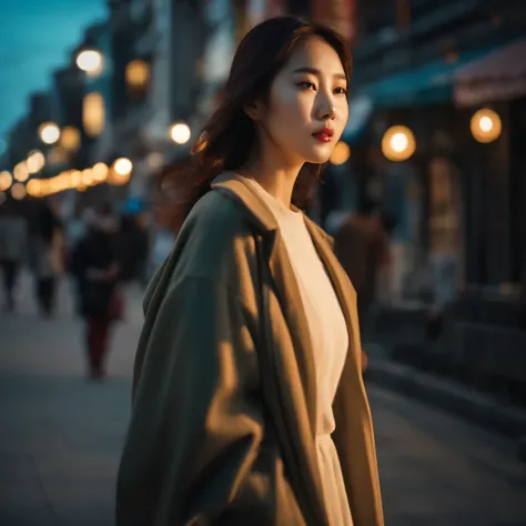 Korea girl walking on the street, cinematic style soft lighting glow effect