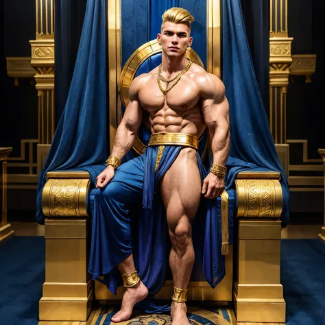 full body view, a muscular white european over-bodybuilded handsome man with undercut clean haircut of his brown and gold blonde streaks haircut, in Neo-Byzantine Futurist style, golden socks, indigo and gold clothing, gold rings, necklaces, bracelets, pie...