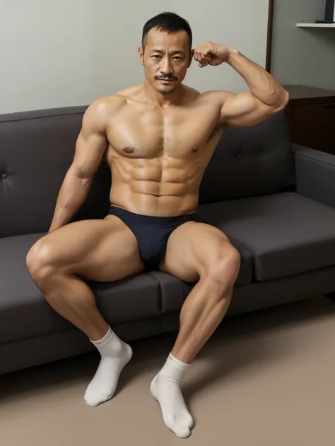 40 years old，Hidetoshi Nakata，（Kogoro Mori 1.3），whole body，Lean，muscle，office，Black socks，Feet raised，surrender，sofa，Baldhead ，transparent，Thick body hair，underwear，Topless，Densely hairy，Fortitude，HD，With a mustache