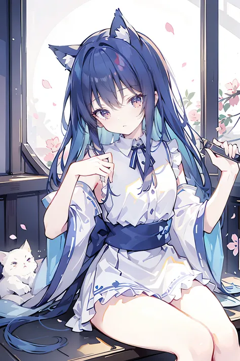 （masterpiece：1.2），Super detailed，lifelike，Expressive eyes，fair skin，perfect face shape，1 girl，
Japanese comics,Gorgeous blue hair,flowing blue hair,flowing clothes,Cat ears,Petals fall,beautiful lola,Baby Angel,
Shaking head with one hand，Cross your legs，，...