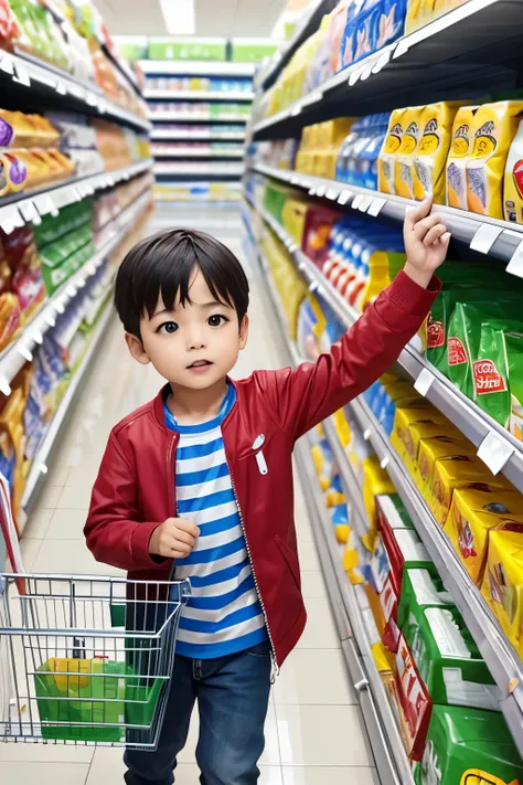 A 4 year old boy, coming to the supermarket, various products on the shelves, some mothers are there Image.