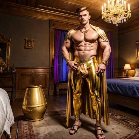 full view full body, one handsome over-musuclar overbodybuilded white european man with preppy undercut light-brown haircut, shirtless showing off enormous huge round over-swallowed pecs, wearing golden latex tights, golden silky shiny short cape, golden r...