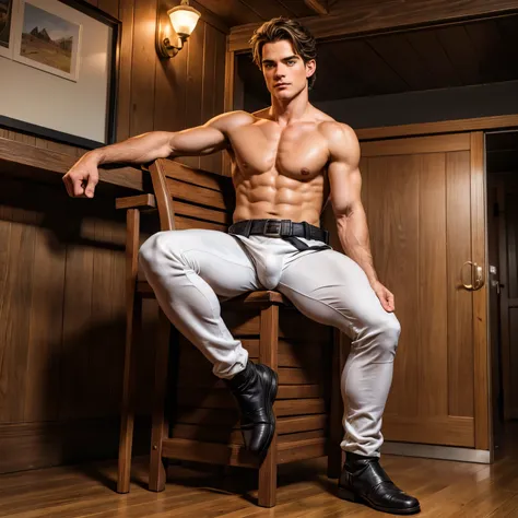 full body view, young musuclar male actor Matt Bomer as a Frat House Pledge Master, sitting on a hardback wood chair shirtless wearing tight white jockey short pants and a pair of black RCMP riding boots and gripping a thick black belt partly wrapped aroun...