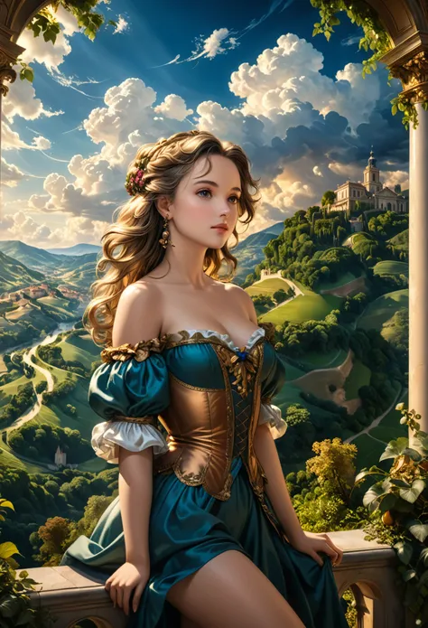 A detailed, grand landscape scene, a girl with medium breasts in the foreground, low camera angle, in the style of the French Baroque painter Charles Le Brun, best quality, 8k, ultra-detailed, photorealistic, vivid colors, dramatic lighting, lush foliage, ...