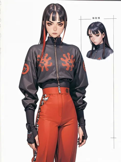 (best qualityer))), (((manga strokes))), (((black bob hair with straight bangs and red highlights))), (((baggy pants with bone p...