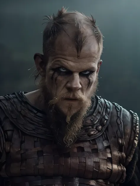 a highly detailed and hyper-realistic depiction of a viking warrior, floki, with scars and wrinkles on her face. the character i...