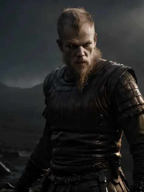 a highly detailed and hyper-realistic depiction of a viking warrior, floki, ((skinny body)), with scars and wrinkles on her face...