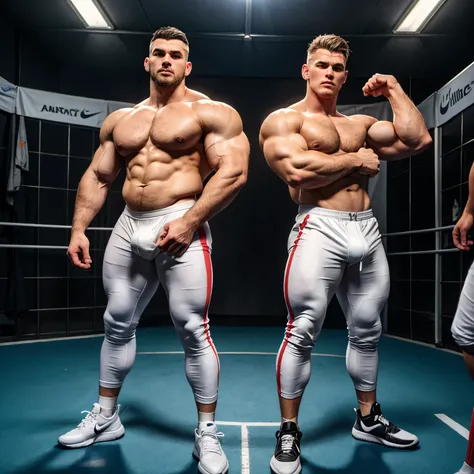 full view full body, two shirtless beerbellied over-muscular bloated white european heavyweights males with undercut clean haircuts, lycra jumpsuits, white socks and Nike air max sneakers, overfed like gorets, posing flexing over-inflated triple-biceps bef...